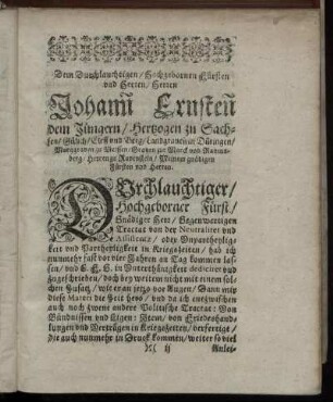 Dem Durchlauchtigsten, Hochgebornen Fürsten und Herren, Herren Johann Ernsten dem Jüngern, Hertzogen zu Sachsen [...]