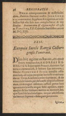XXII. Exequiae Iacobi Rangii Colbergensis Pomerani.