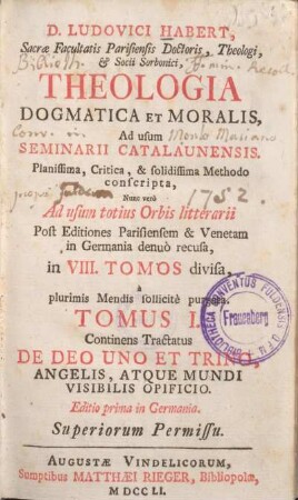 1: De Deo uno et trino, Angelis, atque mundi visibilis opificio