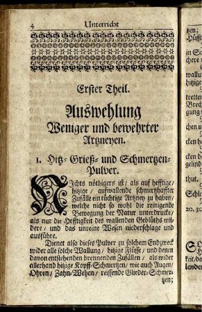 Erster Theil. Auswehlung Weniger und bewehrter Artzneyen.