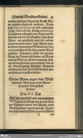 Wie der Mann gegen dem Weib, unnd das Weib gegen dem Mann sol gethan und geschaffen seyn. Das XII. Cap.