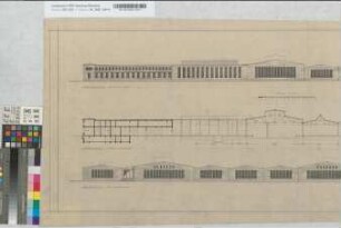 Dortmund VBf, Blatt 2: Ausbau des Bahnbetriebswerkes: Ansichten, Schnitte [Abgelegt in Mappe: "Entwürfe von Th V", Beschriftung Deutsch/Englisch], M. 1:200 Hgl, Sknr.: 4, Fanr.: 12