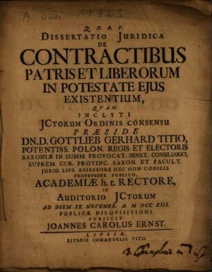 Dissertatio iuridica de contractibus patris et liberorum in potestate eius existentium