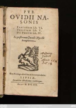 Pub. Ovidii Nasonis Fastorum Lib. VI. Tristium Lib. V. De Ponto Lib. IV.