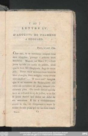 Lettre LV. D'Auguste De Palmène à Edouard. Paris, 15 août 1794.
