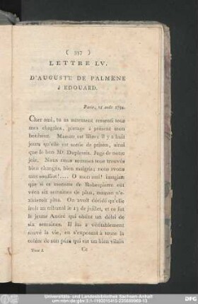 Lettre LV. D'Auguste De Palmène à Edouard. Paris, 15 août 1794.