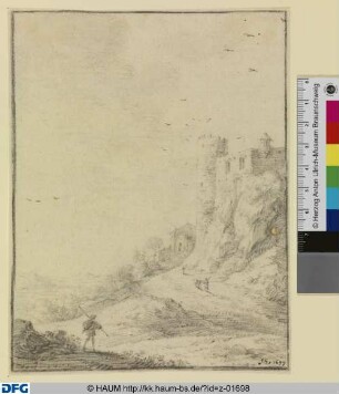 Landschaft mit Burg und Wanderer