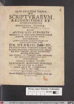 De Scriptvrarvm Recognitione Et Comparatione : Dissertatio Ivridica Inavguralis