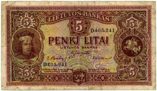 Geldschein, 5 Litai, 1929