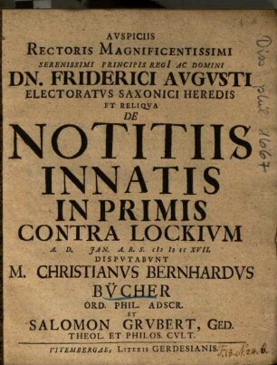 De Notitiis Innatis In Primis Contra Lockivm [Lockium]