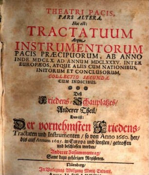 Theatrum Pacis, Hoc Est: Tractatuum Atque Instrumentorum Praecipuorum, Ab Anno Inde MDCXLVII. Ad MDCLX. Usque, In Europa Initorum Et Conclusorum Collectio : Accessit Index utilissimus. 2