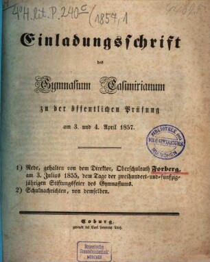 Einladungsschrift des Gymnasium Casimirianum zu Coburg zur Schlußfeier. 1857