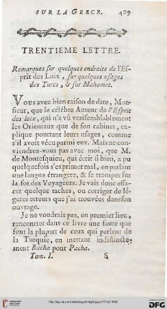 Trentième lettre: Remarques sur quelques endroits de l’esprit des Lois, sur quelques usages des Turcs, & sur Mahomet