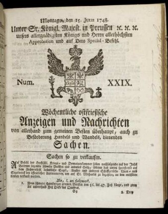 Num. XXIX. Montags, den 15. Julii 1748.