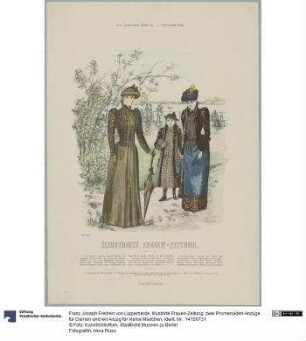 Illustrirte Frauen-Zeitung: zwei Promenaden-Anzüge für Damen und ein Anzug für kleine Mädchen