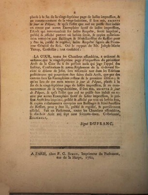 Extrait Des Registres Du Parlement : Du 18 Août 1762.