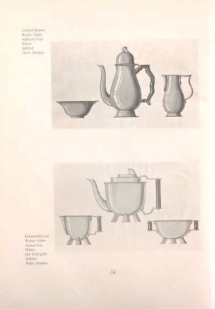 Entwurf Klasse Walter Klein, Kaffeeservice Silber, Schüler Helm. Hauber / Entwurf Klasse Walter Klein, Teeservice Silber mit Holzgriff, Schüler Helm. Hauber