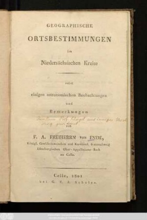Geographische Ortsbestimmungen im Niedersächsischen Kreise : nebst einigen astronomischen Beobachtungen und Bemerkungen