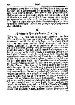 IV. Ebenezer in Georgien den 27. Jun. 1752