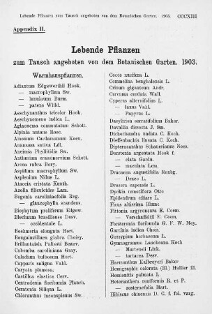 Appendix II. Lebende Pflanzen zum Tausch angeboten von dem Botanischen Garten.