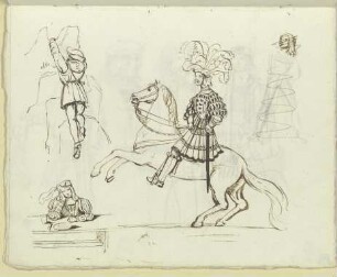 Ein einen Fels erkletternder altdeutscher Jäger, ein Jüngling in Renaissance-Tracht an einem Tisch, ein Ritter mit hohem Federbusch zu Pferde, der junge Ritter von fol. 2 recto, durchgestrichen