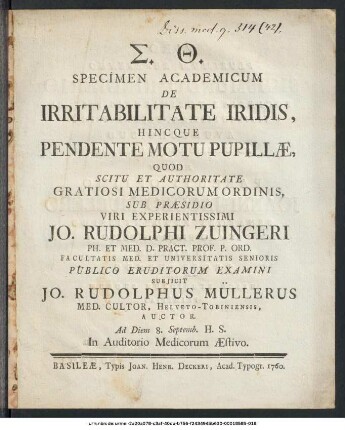 Specimen Academicum De Irritabilitate Iridis, Hincque Pendente Motu Pupillæ
