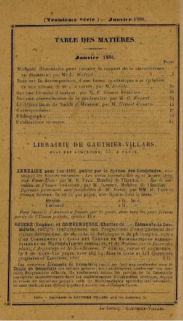 Table des matières. Janvier 1886.