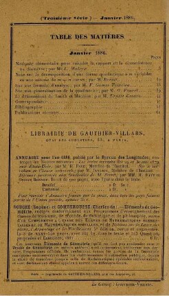 Table des matières. Janvier 1886.