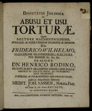 Disputatio Iuridica De Abusu Et Usu Torturae