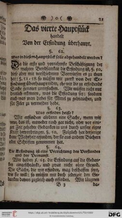 Das vierte Hauptstück handelt von der Erfindung überhaupt