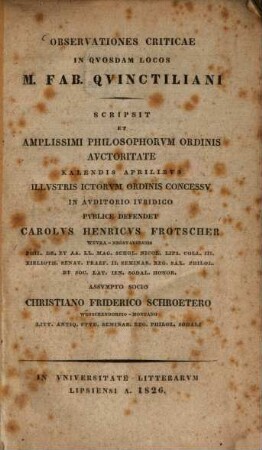 Observationes criticae in quosdam locos M. Fab. Quinctiliani : Diss. inaug.