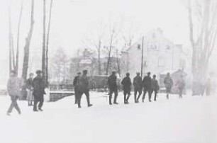 Demonstration der Erwerbslosen im Gänsemarsch : Raschau. Demonstration der Erwerbslosen im Gänsemarsch am Bahnübergang Raschau/Grünstädtel