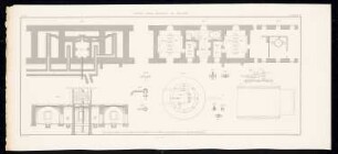 Irren-Heil-Anstalt, Owinsk: Bl. 18: Badeanstalt: Grundriss des Wasserbassins usw. unter dem Gebäude, Grundrisse des Gebäudes, Längsschnitt; Dampfblase, Details von Dampfhähnen (aus: Bauausführungen des preußischen Staats, Bd. 2)