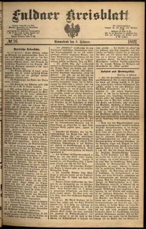 Erste Ausgabe vom Samstag, den 06. Februar 1892.