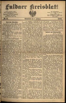 Erste Ausgabe vom Samstag, den 06. Februar 1892.