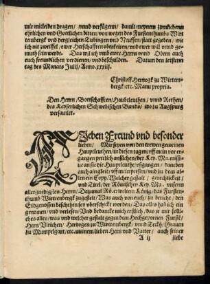 Den Herrn/ Bottschafften/ Haubtleuthen/ unnd Rethen/ des Keyserlichen Schwebischen Bunds/ itzo zu Augspurg versamlet.