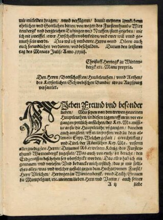 Den Herrn/ Bottschafften/ Haubtleuthen/ unnd Rethen/ des Keyserlichen Schwebischen Bunds/ itzo zu Augspurg versamlet.