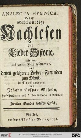 Band 2,6: Analecta Hymnica: Das ist: Merckwürdige Nachlesen zur Lieder-Historie