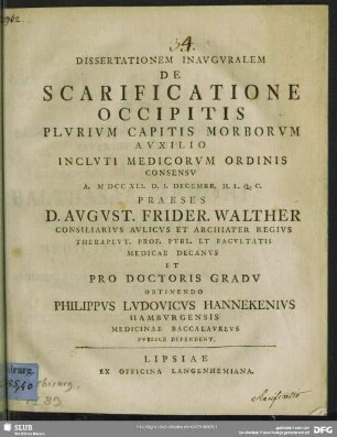 Dissertationem Inauguralem De Scarificatione Occipitis Plurium Capitis Morborum Auxilio