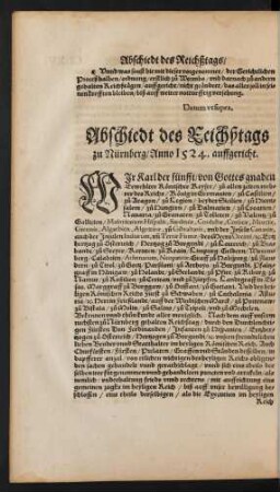 Abschiedt des Reichßtags zu Nürnberg/ Anno 1524. auffgericht.