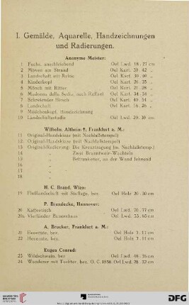 I. Gemälde, Aquarelle, Handzeichnungen und Radierungen (Nr. 1-125)