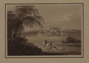 Ansicht vom Schloss Moritzburg, sepiagetönte Umrissradierung, um 1821 : Zingg, Adrian : Schloß Moritzburg / [gefertigt von Adrian Zingg?]. - [S.l.] , [ca. 1821]. - 1 Kunstbl. : sepiagetönte Umrißradierung ; 15 x 10 cm