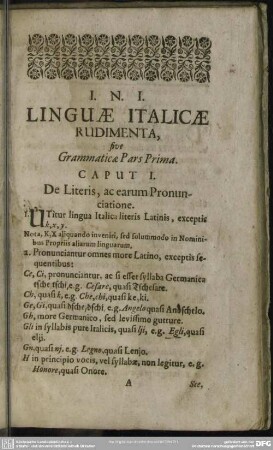Linguae Italicae Rudimenta, sive Grammaticae Pars Prima