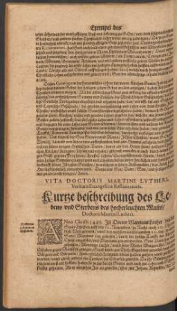 Vita Doctoris Martini Lutheri ... Kurtze beschreibung des Lebens und Sterbens des hocherleuchten Manns/ Doctoris Martini Lutheri.