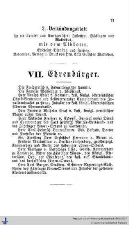 Ehren-Bürger, Alphabetisches Verzeichniß der Künstler, Handels- und Gewerbsleute, Verzeichniß sämmtlicher Hauseigenthümer in Freiburg, Herdern und Wiehre.
