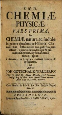 Chemiae physicae pars prima