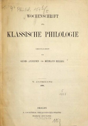 Wochenschrift für klassische Philologie. 5. 1888