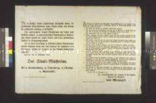 Druckbogen mit zwei Maueranschlägen: 1. Das Staatsministerium erklärt den Belagerungszustand über Berlin und desen zweimeiligen Umkreis; Berlin, 12. November 1848 2. General v. Wrangel gibt elf Verordnungen betr. des Belagerungszustandes bekannt; Berlin, 12. November 1848
