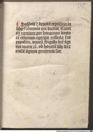 Sole[m]nis [et] deuota expositio in libr[um] salomo[n]is qui dicitur Cantica canticor[um]