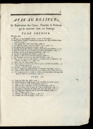 Avis Au Relieur, Et Explication des Cartes, Planches & Portraits qui se trouvent dans cet Ouvrage.